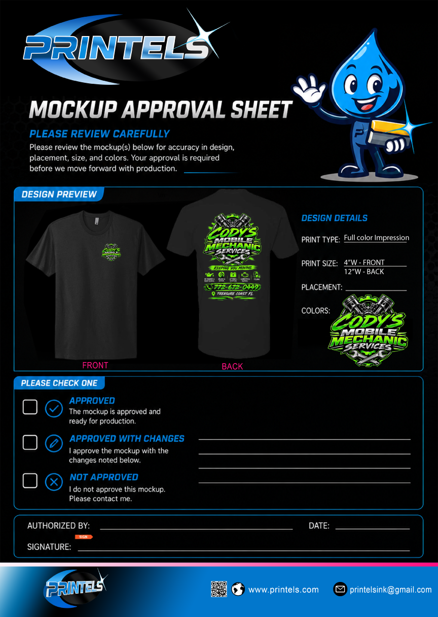 Cody's Mechanic Services Custom Shirts, Hoodie & Hat - 4PCS