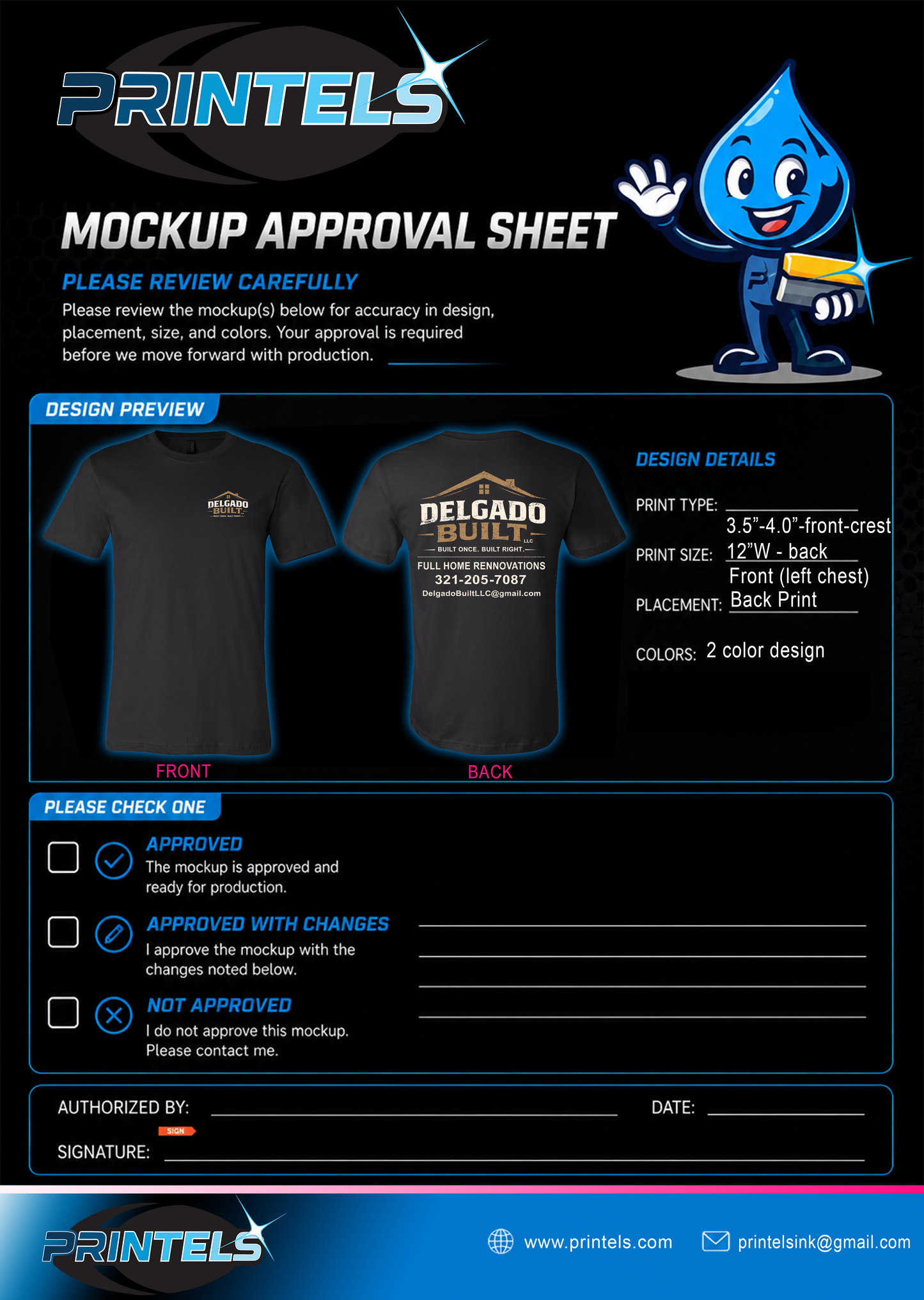 Delgado Built (f500) Business cards, (6) 100 % Polyester Short Sleeves, (1) Onesie
