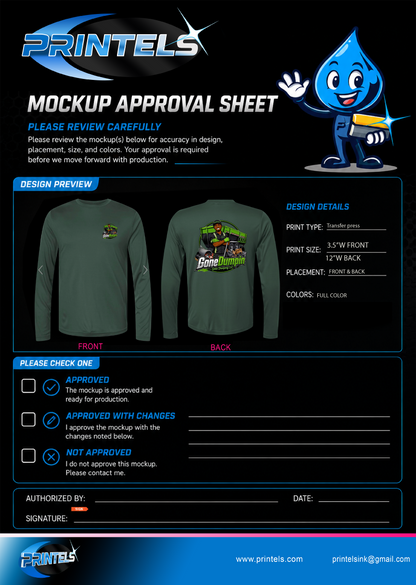 Gone Dumpin - (3) 100% Polyester Long Sleeve Shirts - (1) Polyester Short Sleeve Polo - (3) Hats - 500 Business Cards