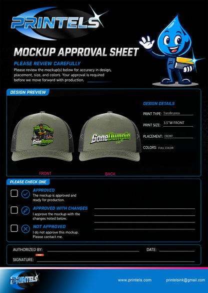 Gone Dumpin - (3) 100% Polyester Long Sleeve Shirts - (1) Polyester Short Sleeve Polo - (3) Hats - 500 Business Cards